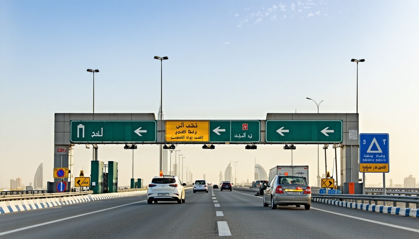 Dubai highway toll gate with passing vehicles