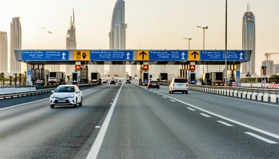 Modern Dubai highway with automated toll gates and vehicles passing smoothly Modern Dubai highway with automated toll gates and vehicles passing smoothly