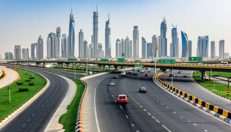 Dubai skyline with major road network and toll gates Dubai skyline with major road network and toll gates